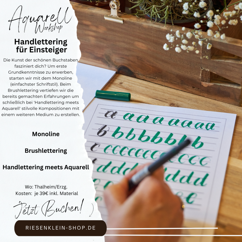 Handletteringangebot für Menschen aus dem Erzgebirge/Region Chemnitz. Die Kunst der schönen Buchstaben fasziniert dich? Um erste Grundkenntnisse zu erwerben, starten wir mit dem Monoline (einfachster Schriftstil). Beim Brushlettering vertiefen wir wir bereits die gemachten Erfahrungen um schließlich bei “Handlettering meets Aquarell” stilvolle Kompositionen mit einem weiteren Medium zu erstellen. Es handelt sich um 3 einzelne Workshops- ich empfehle die Teilnahme an diesen drei Teilen, damit du Kenntnisse erlangen kannst, vertiefen und ausbauen und schließlich alleine anwenden kannst. Einzelne Buchungen selbstverständlich auch möglich bei bereits vorhandenen Vorkennnissen.