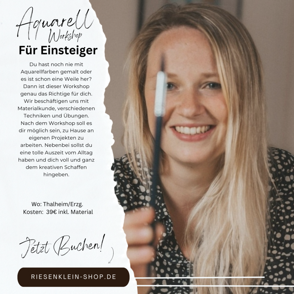 Du hast noch nie mit Aquarellfarben gemalt oder es ist schon eine Weile her? Dann ist dieser Workshop genau das Richtige für dich. Wir beschäftigen uns mit Materialkunde, verschiedenen Techniken und diversen Übungen. Nach dem Workshop soll es dir möglich sein, zu Hause an eigenen Projekten zu arbeiten. Nebenbei sollst du eine tolle Auszeit vom Alltag haben und dich voll und ganz dem kreativen Schaffen hingeben.